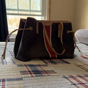 Coach Signature Stripe Nancy Satchel - Dark Brown/Vermillion